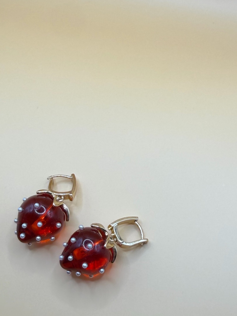 Red strawberry earrings with pearls and gold hardware